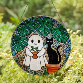 Stained Glass Ghost Black Cat Potted Plant Monstera Leaves Art - Home Decor Gift Stained Glass Suncatcher