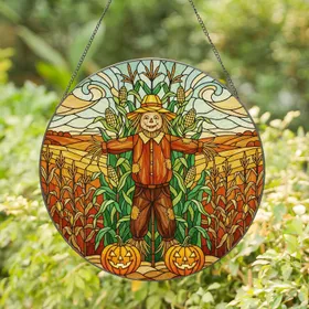 Intricate Scarecrow Jack-o'-Lantern Stained Glass Autumn Cornfield - Fall Harvest Stained Glass Suncatcher