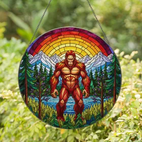 Bigfoot Sasquatch Stained Glass Mountain Sunset Forest Art - Jewel Tone Tiffany Style Stained Glass Suncatcher