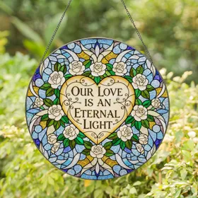 Stained Glass Heart Calligraphy Text White Roses Green Foliage Ethereal Swirls Starlight Stained Glass Suncatcher