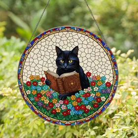 Black Cat Reading Book Stained Glass Window Art - Tiffany Jewel Tone Floral Mosaic Stained Glass Suncatcher