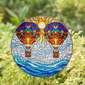 Detailed Tiffany Stained Glass Hot Air Balloons Sun Clouds Water Mosaic Jewel Tones Stained Glass Suncatcher