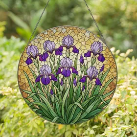 Vibrant Stained Glass Irises Tiffany Style Abstract Mosaic Art Glowing Jewel Tones Stained Glass Suncatcher