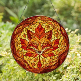 Glowing Tiffany Style Fox Maple Leaf Stained Glass Mosaic - Autumnal Window Decor Art Stained Glass Suncatcher