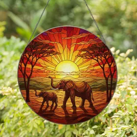 Two Silhouetted Elephants African Savanna Sunset Tiffany Stained Glass Jewel Tone Stained Glass Suncatcher