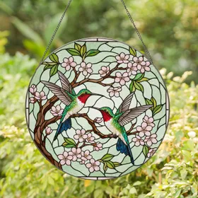 Two Hummingbirds Cherry Blossoms Gnarled Branch - Intricate Tiffany Look Nature Decor Garden Gift Stained Glass Suncatcher