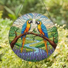 Blue Gold Macaw Stained Glass Art with Purple Lavender Flowers & Scenic Landscape River Stained Glass Suncatcher