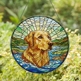 Golden Labrador Retriever Portrait Stained Glass Mosaic - Water Land Sky Jewel Tones Stained Glass Suncatcher