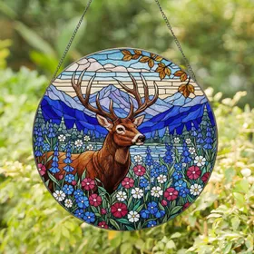 Majestic Buck Deer Antlers Wildflowers Mountain Landscape - Tiffany Stained Glass Art Stained Glass Suncatcher