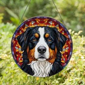 Bernese Mountain Dog Portrait Stained Glass - Colorful Intricate Tiffany Mosaic Stained Glass Suncatcher