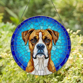 Boxer Dog Stained Glass Mosaic Art - Fawn Brindle Amber Eyes Tiffany Style Gift Stained Glass Suncatcher