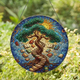 Gnarled Tree Stacked Books Sun - Intricate Stained Glass Mosaic with Colorful Books Stained Glass Suncatcher