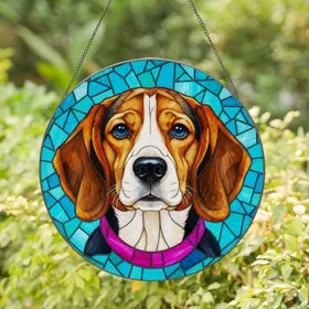 Beagle Dog Stained Glass Mosaic - Tri-Color Tiffany Style Dog Owner Gift Stained Glass Suncatcher