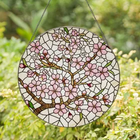 Pink Almond Blossoms Branch Stained Glass Tiffany Style Mosaic Textured Cream Background Stained Glass Suncatcher