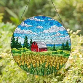 Golden Wheat Field Red Barn Stained Glass Art - Blue Sky Clouds Countryside Decor Stained Glass Suncatcher