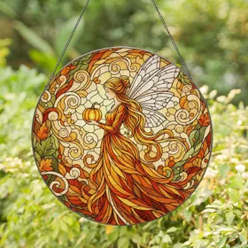 Fairy with Pumpkin, Bun Hair & Wings - Tiffany Stained Glass Autumn Foliage Decor Stained Glass Suncatcher
