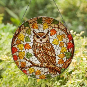Intricate Stained Glass Owl Autumn Leaves Branch - Edge-to-Edge Jewel Tone Mosaic Panel Stained Glass Suncatcher