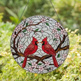 Cardinal Birds Cherry Blossom Stained Glass Art Gnarled Branch Tiffany Decor Stained Glass Suncatcher