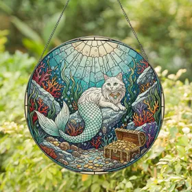 Fluffy White Cat Mermaid Tail Underwater Treasure Mosaic Tiffany Glass Art Jewel Tones Stained Glass Suncatcher