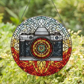 Vintage DSLR Camera Stained Glass Art Geometric Mosaic - Colorful Jewel Tone Iris Lens Stained Glass Suncatcher