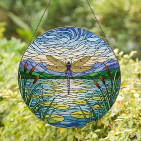 Stained Glass Dragonfly Pond Lake Scene - Tiffany Style Mountain View Wetland Art Stained Glass Suncatcher