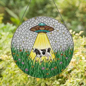 UFO Holstein Cow Abduction Stained Glass - Tiffany Style Alien Field Meadow Mosaic Stained Glass Suncatcher