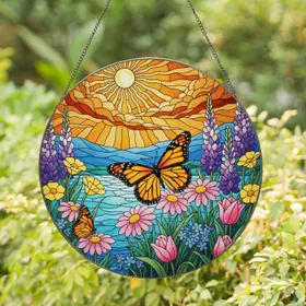 Monarch Butterfly Stained Glass Art Wildflower Garden Tiffany Sunset Landscape Stained Glass Suncatcher