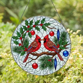 Red Cardinal Birds Holly Berries Pine Winter Sky - Stained Glass Christmas Holiday Decor Stained Glass Suncatcher