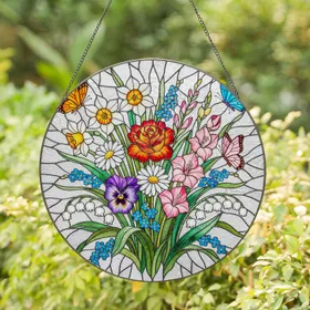 Stained Glass Spring Summer Flowers & Butterflies - Daffodil Rose Pansy Gladiolus Lily of the Valley Stained Glass Suncatcher