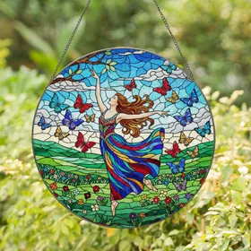 Female Dancer Butterfly Mid-Leap Stained Glass Jewel Tone Mosaic Landscape Intricate Stained Glass Suncatcher