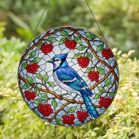 Vibrant Blue Jay Tiffany Style Stained Glass - Berry Branch Mosaic Jewel Tone Art Stained Glass Suncatcher