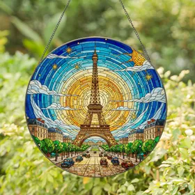 Eiffel Tower Parisian Cityscape Stained Glass - Glowing Tiffany Style Jewel Tones Decor Stained Glass Suncatcher
