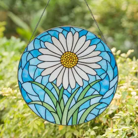 Jewel Tone Detailed Daisy Stained Glass Flower - Tiffany Style Green Grass Blue Mosaic Art Stained Glass Suncatcher