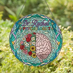 Brain Flowers Dr. Rachel PSYCHOLOGIST Stained Glass Style Jewel Tone Mind Growth Gift Stained Glass Suncatcher