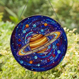 Tiffany Stained Glass Saturn Planet Rings Cosmic Mosaic Star Nebula Art Stained Glass Suncatcher