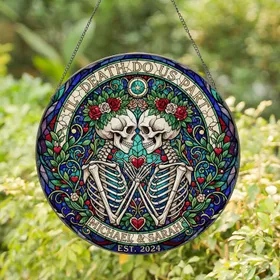 Skeletal Couple "Til Death Do Us Part" Michael & Sarah Stained Glass Wedding Gift 2024 Stained Glass Suncatcher