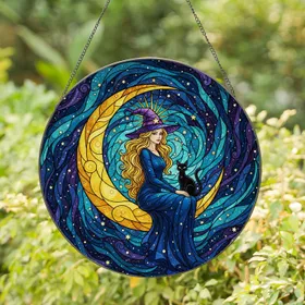 Witch Crescent Moon Black Cat Galaxy Stained Glass Art - Celestial Gift for Witch Fans Stained Glass Suncatcher