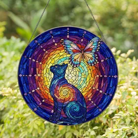 Black Cat Butterfly Stained Glass Cosmic Nebula Mosaic - Tiffany Style Jewel Tone Art Stained Glass Suncatcher