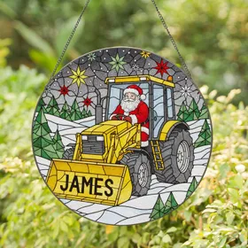 Santa Claus Yellow Tractor Tiffany Style Stained Glass - Winter Holiday Decor Gift for James Stained Glass Suncatcher