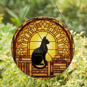 Black Cat Bookshelf Stained Glass Tiffany Art - Jewel Tones Arched Window Books Stained Glass Suncatcher
