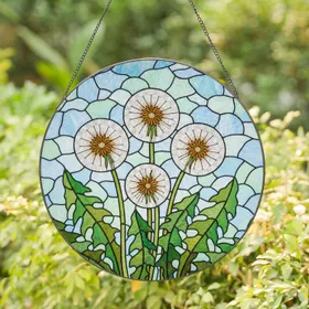 Dandelion Puffballs Stained Glass - Tiffany Style Green Leaves Blue Sky Window Decor Stained Glass Suncatcher