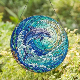 Glowing Tiffany Dolphin Ocean Stained Glass Art - Intricate Wave Sea Life Decor Stained Glass Suncatcher