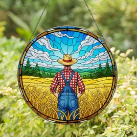 Stained Glass Farmer Wheat Field Hills Sky Clouds - Tiffany Art Rural Farm Home Decor Gift Stained Glass Suncatcher