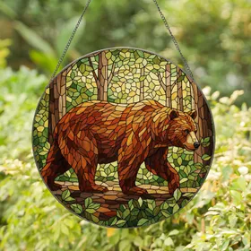 Brown Bear Stained Glass Woodland Tiffany Mosaic Art - Detailed Wildlife Nature Scene Stained Glass Suncatcher