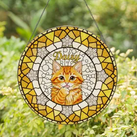 Ginger Kitten Daisy Stained Glass Mosaic Snowflakes Bubbles Tiffany Art Stained Glass Suncatcher