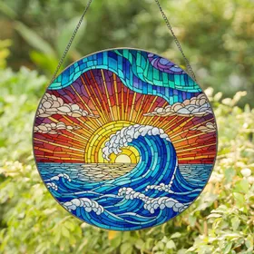 Tiffany Glass Ocean Wave Sunset Aurora Borealis - Glowing Jewel Tone Sea Sky Art Decor Stained Glass Suncatcher
