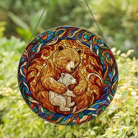 Tiffany Style Stained Glass Mother Bear Two Cubs Embrace - Nurturing Mosaic Art Gift for Mom Stained Glass Suncatcher