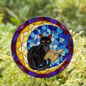 Black Cat Reading Book Crescent Moon Stained Glass - Cosmic Sky Tiffany Art Stained Glass Suncatcher