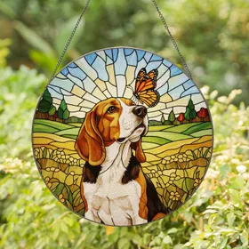 Tri-Color Beagle Dog Monarch Butterfly Stained Glass Tiffany Art - Pet Lover Gift Stained Glass Suncatcher