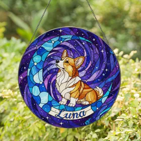 Corgi Dog Stained Glass Crescent Moon Cosmic Sky Art - Luna Name Glowing Jewel Tones Stained Glass Suncatcher